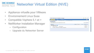 © Copyright 2015 EMC Corporation. All rights reserved
• Appliance virtuelle pour VMware
• Environnement Linux Suse
• Compatible Vsphere 5.1 et +
• NetWorker Installation Manager
– Configuration
– Upgrade du Networker Server
Networker Virtual Edition (NVE)
 