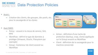 © Copyright 2015 EMC Corporation. All rights reserved
Data Protection Policies
• Avant :
– Création des clients, des groupes, des pools, etc…
pour la sauvegarde et les clones
• Avec NW9:
– Policy : associé à la classe de service, SLA,
RPO
– Workflow : définit le type de données à
protéger (Vmware, Oracle, Filesystem par
exemple)
– Group : Conteneur de client associé au
Workflow
– Action : définition d’une tache de
protection (backup, snap, clone) appliquée
sur le Group associé au Workflow
– Client : définition de la sauvegarde pour la
machine concernée
 