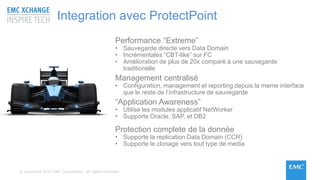 © Copyright 2015 EMC Corporation. All rights reserved
Integration avec ProtectPoint
Performance “Extreme”
• Sauvegarde directe vers Data Domain
• Incrémentales “CBT-like” sur FC
• Amélioration de plus de 20x comparé à une sauvegarde
traditionelle
Management centralisé
• Configuration, management et reporting depuis la meme interface
que le reste de l’infrastructure de sauvegarde
“Application Awareness”
• Utilise les modules applicatif NetWorker
• Supporte Oracle, SAP, et DB2
Protection complete de la donnée
• Supporte la replication Data Domain (CCR)
• Supporte le clonage vers tout type de media
 