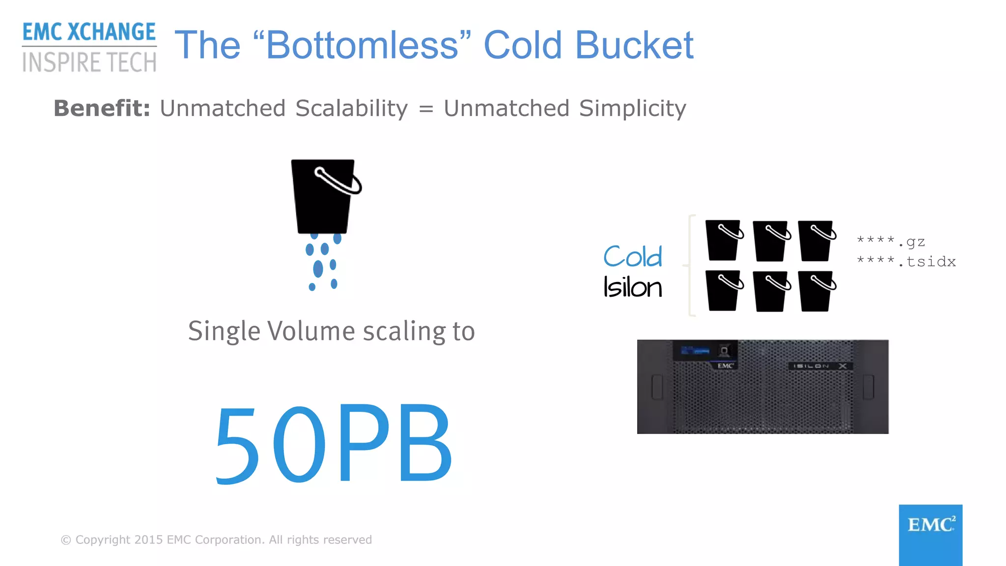 © Copyright 2015 EMC Corporation. All rights reserved© Copyright 2015 EMC Corporation. All rights reserved
Benefit: Unmatched Scalability = Unmatched Simplicity
Cold
Isilon
Single Volume scaling to
50PB
****.gz
****.tsidx
The “Bottomless” Cold Bucket
 