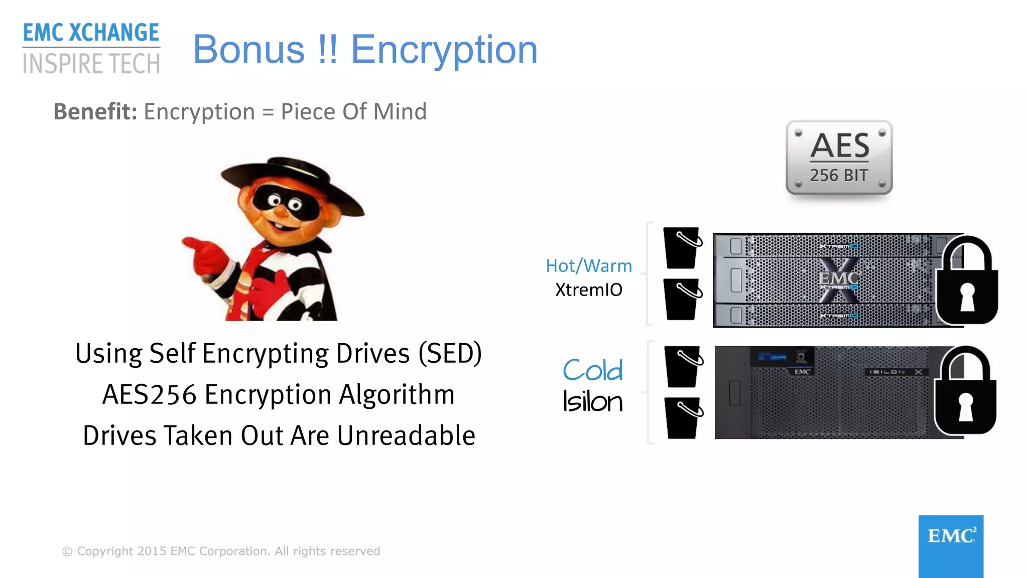 © Copyright 2015 EMC Corporation. All rights reserved© Copyright 2015 EMC Corporation. All rights reserved
Using Self Encrypting Drives (SED)
AES256 Encryption Algorithm
Drives Taken Out Are Unreadable
Benefit: Encryption = Piece Of Mind
Hot/Warm
XtremIO
Cold
Isilon
Bonus !! Encryption
 
