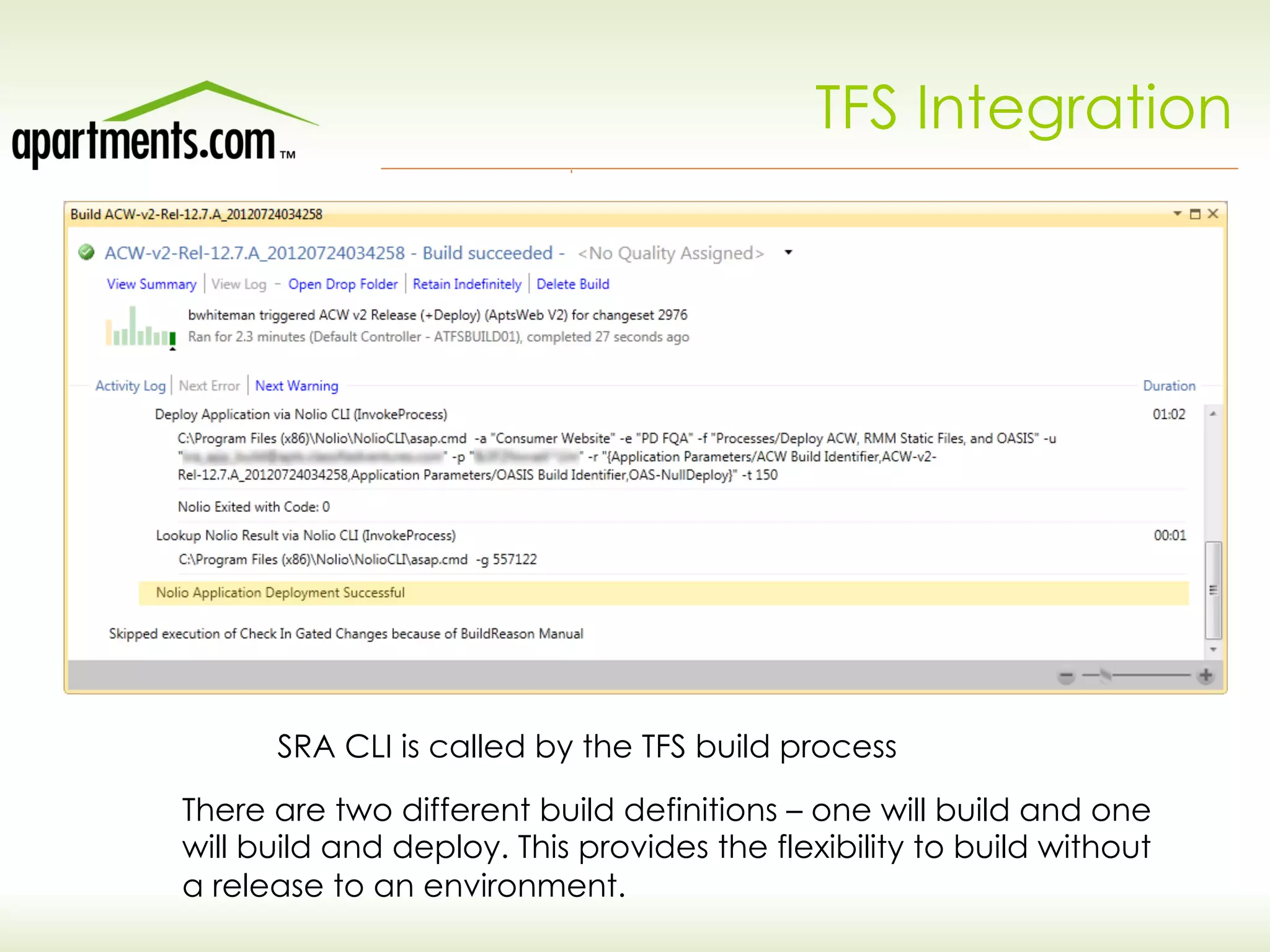 TFS Integration
SRA CLI is called by the TFS build process
There are two different build definitions – one will build and one
will build and deploy. This provides the flexibility to build without
a release to an environment.
 