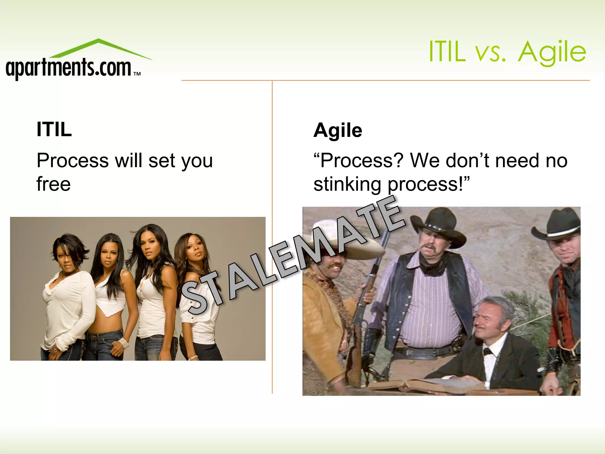 ITIL
Process will set you
free
Agile
“Process? We don’t need no
stinking process!”
ITIL vs. Agile
 
