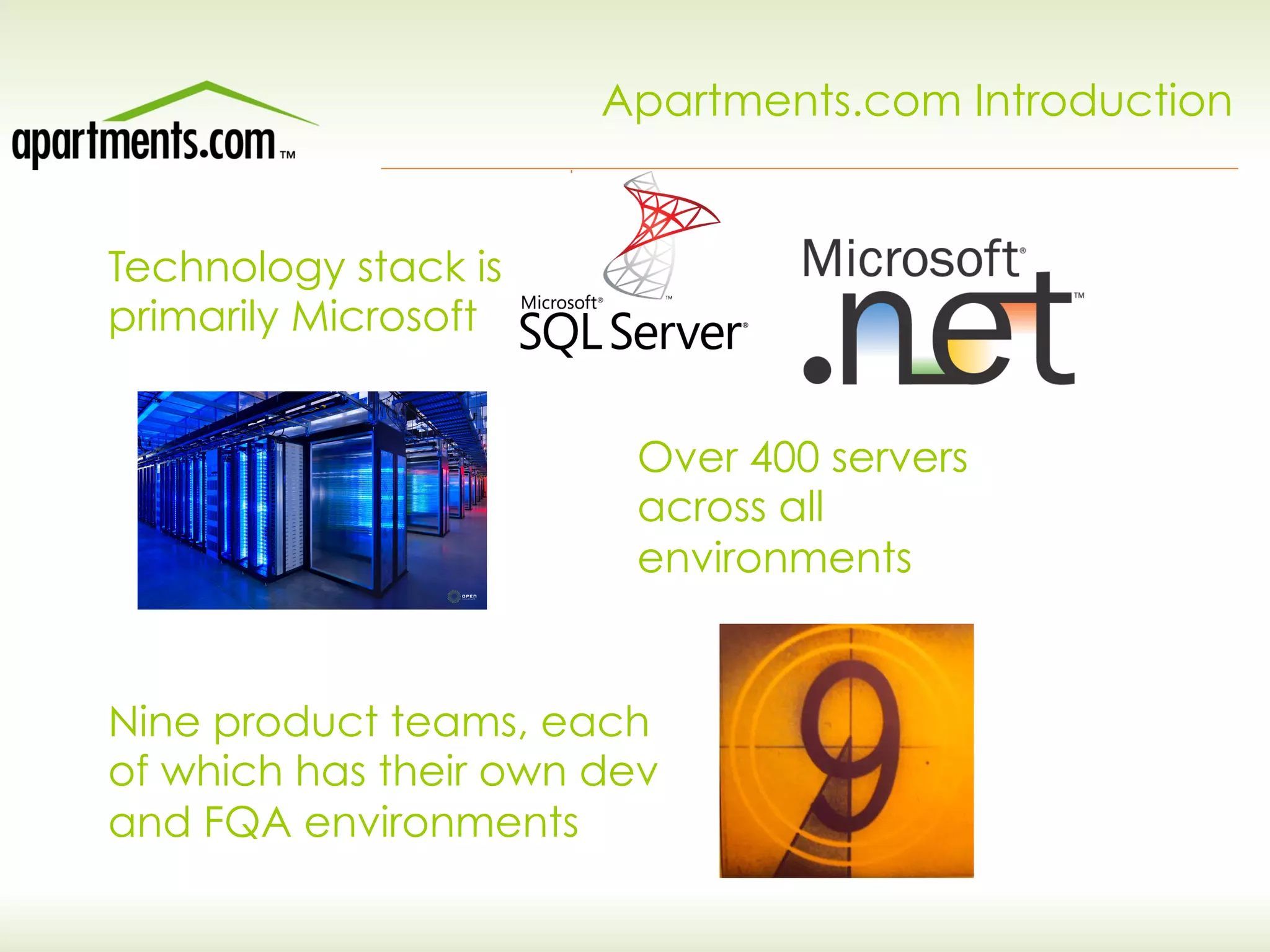 Apartments.com Introduction
Technology stack is
primarily Microsoft
Over 400 servers
across all
environments
Nine product teams, each
of which has their own dev
and FQA environments
 
