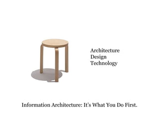 morville@semanticstudios.com




                             Architecture
                             Design
                             Technology




Information Architecture: It’s What You Do First.
                                                          10
 