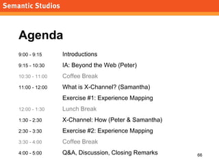 morville@semanticstudios.com




Agenda
9:00 - 9:15     Introductions
9:15 - 10:30    IA: Beyond the Web (Peter)
10:30 - 11:00   Coffee Break
11:00 - 12:00   What is X-Channel? (Samantha)
                Exercise #1: Experience Mapping
12:00 - 1:30    Lunch Break
1:30 - 2:30     X-Channel: How (Peter & Samantha)
2:30 - 3:30     Exercise #2: Experience Mapping
3:30 - 4:00     Coffee Break
4:00 - 5:00     Q&A, Discussion, Closing Remarks                      66
 
