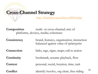 morville@semanticstudios.com




Cross-Channel Strategy
                      http://findability.org/archives/000652.php



Composition         multi- or cross-channel; mix of
     platforms, devices, media; coherence

Consistency          brand, features, organization, interaction
                     balanced against value of optimization

Connection           links, tags, signs, maps; call to action

Continuity           bookmark, resume playback, flow
Context              personal, social, location, time, task
                                                                       72
Conflict             identify/resolve, org chart, free-riding
 