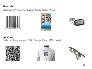 morville@semanticstudios.com
Barcode
Identifies a Product (e.g. Kellogg’s Frosted Flakes 14 oz.)




QR Code
Initiates a Response (e.g., URL, Message, Phone, SMS, Email)




                                                                                   92
 