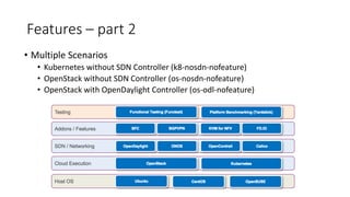 Features – part 2
• Multiple Scenarios
• Kubernetes without SDN Controller (k8-nosdn-nofeature)
• OpenStack without SDN Controller (os-nosdn-nofeature)
• OpenStack with OpenDaylight Controller (os-odl-nofeature)
 