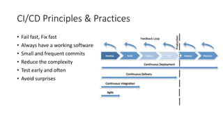 CI/CD Principles & Practices
• Fail fast, Fix fast
• Always have a working software
• Small and frequent commits
• Reduce the complexity
• Test early and often
• Avoid surprises
 