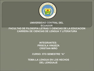 UNIVERSIDAD CENTRAL DEL
                       ECUADOR
FACULTAD DE FILOSOFIA LETRAS Y CIENCIAS DE LA EDUCACION
     CARRERA DE CIENCIAS DE LENGUA Y LITERATURA



                     INTEGRANTES:
                    PRISCILA VINUEZA
                     CRISTIAN MIÑO

                CURSO: 5TO SEMESTRE “A”

             TEMA:LA LENGUA EN LOS HECHOS
                     DEL LENGUAJE
 