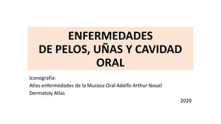 ENFERMEDADES
DE PELOS, UÑAS Y CAVIDAD
ORAL
Iconografía:
Atlas enfermedades de la Mucosa Oral Adolfo Arthur Nouel
Dermatoly Atlas
2020
 