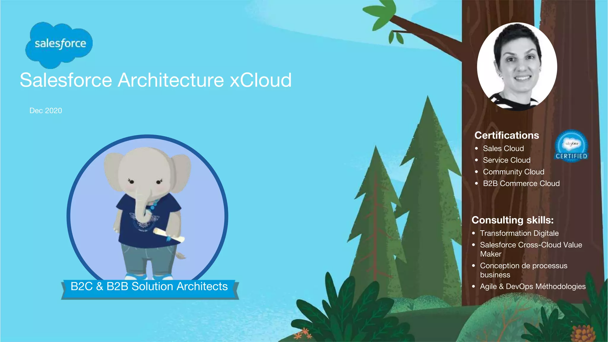 B2C & B2B Solution Architects
Salesforce Architecture xCloud
Certifications
• Sales Cloud
• Service Cloud
• Community Cloud
• B2B Commerce Cloud
Consulting skills:
• Transformation Digitale
• Salesforce Cross-Cloud Value
Maker
• Conception de processus
business
• Agile & DevOps Méthodologies
Dec 2020
 