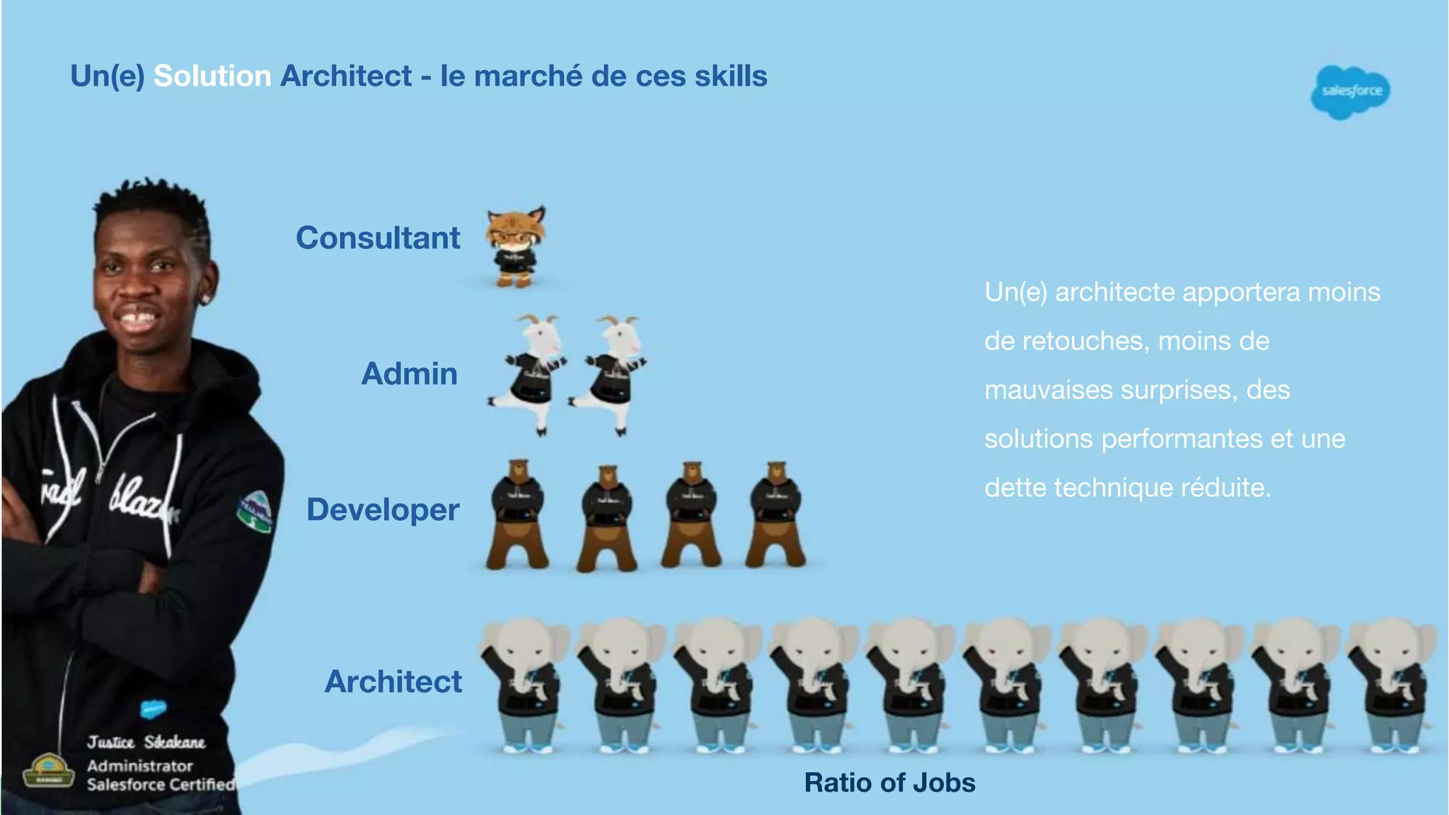 Consultant
Admin
Developer
Architect
Ratio of Jobs
Un(e) architecte apportera moins
de retouches, moins de
mauvaises surprises, des
solutions performantes et une
dette technique réduite.
Un(e) Solution Architect - le marché de ces skills
 