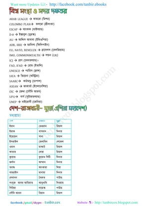 Want more Updates  http://facebook.com/tanbir.ebooks
facebook /gmail/skype: - http://tanbircox.blogspot.com
ARAB LEAGUE  কায়রযা (রভ঱য)
COLOMBO PLAN কররম্বা (শ্রীরংকা)
ESCAP  ফোংকক (থাইরোন্ড)
D-8  ইস্তাফুর (তুযক)
AU  আরদ্দ঳ আফাফা (ইরথওর঩য়া)
ADB, IRRI  ভোরনরা (রপরর঩াইন)
EU, NATO, BENELUX  োর঳র঳ (রফররজয়াভ)
IMO, COMMONWEALTH  রন্ডন (UK)
ICJ  ত঴গ (রনদাযরোন্ড)।
FAO, IFAD  তযাভ (ইতারর)
UNESCO  ঩োরয঳ (িান্স)
IAEA  রবরয়না (অরেয়া)
SAARC কািভন্ডু (রন঩ার)
ASEAN  জাকাতযা (ইরন্দারনর঱য়া)
OIC  তজদ্দা (র঳ৌরদ আযফ)
UPU ফাণয (঳ুইজাযরোন্ড)
UNEP  নাইরযাফী (রকরনয়া)
ইযান তত঴যান রযয়ার
ইযাক ফাগদাদ রদনায
ইরয়রভন ঳ানা রযয়ার
ই঳যাইর ততরারফফ ত঱রকর
ওভান ভাকাি রযয়ার
কাতায তদা঴া রযয়ার
কু রয়ত কু রয়ত র঳রি রদনায
জদযান আোন রদনায
তযক আংকাযা ররযা
ফা঴যাইন ভানাভা রদনায
তরফানন দফরুত ঩াউন্ড
঳ংমুক্ত আফয আরভযাত আফুধারফ রদয঴াভ
র঳রযয়া দারভক ঩াউন্ড
ত঳ৌরদ আযফ রযয়াদ রযয়ার
 