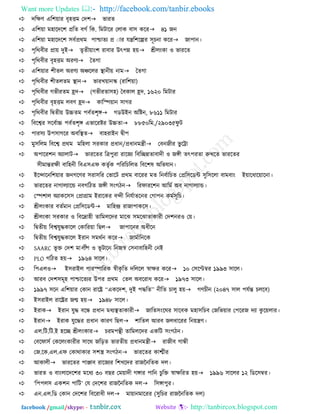 Want more Updates  http://facebook.com/tanbir.ebooks
facebook /gmail/skype: - http://tanbircox.blogspot.com
দরিণ এর঱য়ায ফৃ঴ত্তভ তদ঱বাযত
এর঱য়া ভ঴ারদর঱ প্ররত ফগয রক. রভিারয তরাক ফা঳ করয৪১ জন
এর঱য়া ভ঴ারদর঱ ঳ফযপ্রথভ ঩ািাতে প্র াায মন্ত্রর঱রল্পয ঳ূচনা করযজা঩ান।
঩ৃরথফীয প্রায় দুইতৃতীয়াং঱ যাফায উৎ঩ন্ন ঴য়শ্রীরংকা ও বাযরত
঩ৃরথফীয ফৃ঴ত্তভ অযণেদতগা
এর঱য়ায ঱ীতর অযণে অঞ্চররয োনীয় নাভদতগা
঩ৃরথফীয ঱ীতরতভ োনবাযখয়ানক (যার঱য়া)
঩ৃরথফীয গবীযতভ হ্রদ(গবীযতা঳঴) দফকার হ্রদ, ১৬২০ রভিায
঩ৃরথফীয ফৃ঴ত্তভ রফণ হ্রদকারস্পয়ান ঳াগয
঩ৃরথফীয রদ্বতীয় উিতভ ঩ফযত঱ৃঙ্গগডউইন অরষ্টন, ৮৬১১ রভিায
রফরশ্বয ঳রফযাি ঩ফযত঱ৃঙ্গ এবারযষ্টয উিতা৮৮৫০রভ./২৯০৩৫পু ি
঩ায঳ে উ঩঳াগরয অফরেতফা঴যাইন দ্বী঩
ভু঳ররভ রফরশ্ব প্রথভ ভর঴রা ঳যকায প্রধান/প্রধানভন্ত্রীতফনজীয বু রটা
 অ঩ারয঱ন অোরািবাযরতয রি঩ুযা যারজে রফরচ্ছন্নতাফাদী ও জঙ্গী তৎ঩যতা রুখরত বাযরতয
঳ীভান্তযিী ফার঴নী রফএ঳এপ কতৃযক ঩রযরচররত রফর঱ল অরবমান।
 ইরন্দারনর঱য়ায জনগরণয ঳যা঳রয তবারি প্রথভ ফারযয ভত রনফযারচত তপ্রর঳রডি ঳ুর঳ররা ফাভফাং ইয়ারধারয়ারনা।
 বাযরতয নাগারোরন্ড নফগরিত জঙ্গী ঳ংগিনরযপাযর঱ন আরভয অফ নাগারোন্ড।
 তস্প঱ার অোকর঳঳ তপ্রাগ্রাভ ইযারকয ফন্দী রনমযাতরনয তগা঩ন কভয঳ূরচ।
 শ্রীরংকায ফতযভান তপ্রর঳রডিভার঴ন্দ্র যাজা঩াকর঳।
 শ্রীরংকা ঳যকায ও রফরিা঴ী তারভররদয ভারঝ ঳ভরঝাতাকাযী তদ঱নযও তয়।
 রদ্বতীয় রফশ্বমুদ্ধকারর তকারযয়া রছর জা঩ারনয অধীরন
 রদ্বতীয় রফশ্বমুদ্ধকারর ইযান ঳ভথযন করযজাভযারনরক
 SAARC বূ ক্ত তদ঱ ভারী঩ ও বূ িারন রনজস্ব ত঳নাফার঴নী তনই
 PLO গরিত ঴য়১৯৬৪ ঳ারর।
 র঩এরও ই঳যাইর ঩াযস্পারযক স্বীকৃ রত দরররর স্বািয করয১০ ত঳রেম্বয ১৯৯৩ ঳ারর।
 আযফ তদ঱঳ভূ঴ ঩ািারতেয উ঩য প্রথভ ততর অফরযাধ করয১৯৭৩ ঳ারর।
 ১৯৯৭ ঳রন এর঱য়ায তকান যারষ্ট্র ‘‘একরদ঱, দুই ঩দ্ধরত’’ নীরত চারু ঴য়গণচীন (২০৪৭ ঳ার ঩মযন্ত চররফ)
 ই঳যাইর যারষ্ট্রয জন্ম ঴য়১৯৪৮ ঳ারর।
 ইযাকইযান মুদ্ধ ফরন্ধ প্রধান ভধেেতাকাযীজারত঳ংরঘয ঳ারফক ভ঴া঳রচফ তজরবয়ায ত঩রযজ দো কু রয়রায।
 ইযানইযাক মুরদ্ধয প্রধান কাযণ রছর঱ারতর আযফ জরধারযয রনয়ন্ত্রণ।
 এর.রি.রি.ই ঴রচ্ছ শ্রীরংকাযচযভ঩ন্থী তারভররদয একরি ঳ংগিন।
 তফরপা঳য তকররংকাযীয ঳ারথ জরড়ত বাযতীয় প্রধানভন্ত্রীযাজীফ গান্ধী
 তজ.রক.এর.এপ তকাথাকায ঳঱স্ত্র ঳ংগিনবাযরতয কাশ্মীয
 আকারীবাযরতয ঩াঞ্জাফ যারজেয র঱খরদয যাজননরতক দর।
 বাযত ও ফাংরারদর঱য ভরধে ৩০ ফছয তভয়াদী গঙ্গায ঩ারন চুরক্ত স্বািরযত ঴য়১৯৯৬ ঳াররয ১২ রডর঳ম্বয।
 ‘র঩঩র঳ এক঱ন ঩ারি’ তম তদর঱য যাজননরতক দরর঳ঙ্গা঩ুয।
 এন.এর.রড তকান তদর঱য রফরযাধী দরভায়ানভারযয (঳ুরচয যাজননরতক দর)
 