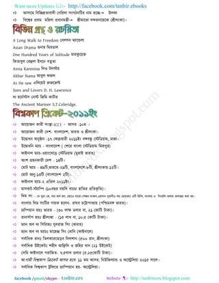 Want more Updates  http://facebook.com/tanbir.ebooks
facebook /gmail/skype: - http://tanbircox.blogspot.com
 আ঳ারভ রফরচ্ছন্নতাফাদী তগরযরা ঳ংগিনরিয নাভ ঴রচ্ছউরপা
 রফরশ্বয প্রথভ ভর঴রা প্রধানভন্ত্রীশ্রীভারবা ফন্দযনারয়রক (শ্রীরংকা)।
A Long Walk to Freedom তনর঳ন ভোরন্ডরা
Asian Drama গুনায রভযডার
One Hundred Years of Solitude ভাযকু রয়জ
রকতাফুর তযহুরা ইফরন ফতু তা
Anna Karenina ররও িরেয়
Akbar Nama আফুর পজর
As He saw এরররয়ি রুজরবল্ট
Sons and Lovers D. H. Lawrence
দে ঴রনযে঳ তনে রজরভ কািযায
The Ancient Mariner S.T.Coleridge.
আরয়াজন কাযী ঳ংো-ICC। আ঳য -১০ভ ।
আরয়াজন কাযী তদ঱- ফাংরারদ঱, বাযত ও শ্রীরংকা।
উরদ্বাধন অনুষ্ঠান -১৭ তপব্রুয়াযী ২০১১ইং ফঙ্গফন্ধু তেরডয়াভ, ঢাকা।
উরদ্বাধরন ভোচ - ফাংরারদ঱ ( ত঱রয ফাংরা তেরডয়াভ রভয঩ুয)
পাইনার ভোচ-ওয়াংরখরড় তেরডয়াভ (ভুম্বাই বাযত)
অং঱ গ্র঴নকাযী তদ঱ - ১৪রি।
তভাি ভোচ - ৪৯রি,বাযরত-২৯রি, ফাংররদর঱-৮রি, শ্রীরংকায়-১২রি।
তভাি বেনু-১৩রি (ফাংরারদ঱ ২রি)।
পাইনার ভোচ-২ এরপ্রর ২০১১ইং।
ভা঳কি-েোরে (১০ফছয ফয়র঳ ফাচচা ঴ারতয প্ররতকৃ রত)।
রথভ ঳ং - তদ ঘুভা তক, মায অথয ঴র, তজারও ভারযা।(঱ঙ্কয ভাধ্বন,এ঴঳ান নুযানীও রয় তভন্ডাজা) এরি র঴রন্দ, ফাংরায় ও র঳ং঴রর বালায় বালান্তয কযা ঴য়।
ফাংরায় রথভ ঳ংরিয গায়ক ঴ররন- যাঘফ চরটা঩াধোয় (঩রিভফঙ্গ বাযত)।
চেরেয়ান ঴য়ুঃ বাযত - (৩০ রাি ডরায ফা, ২১ তকারি িাকা)।
যানা঳যা঩ ঴য়ুঃ শ্রীরংঙ্কা - (১৫ রাখ ফা, ১০.৫ তকারি িাকা)।
ভোন অফ দে র঳রযজুঃ মুফযাজ র঳ং (বাযত)
ভোন অফ দে ভোচুঃ ভার঴ন্দ্র র঳ং তধারন (পাইনারর)
঳ফযারধক যানুঃ রতরকাযরতড়ফ রদর঱ান (৫০০ যান, শ্রীরংকা)
঳ফযারধক উইরকিুঃ ঱঴ীদ আরিরদ ও জর঴য খান (২১ উইরকি)
ত঳রভ পাইনারর ঩যারজত- ৭.৫রাখ ডরায (৫.২৫তকারি িাকা)।
আগাভী রফশ্বকা঩ রররকি আ঳য ঴রফ- ১১ তভ আ঳য, রনউরজরোন্ড ও অরেররয়া ২০১৫ ঳ারর।
঳ফযারধক রফশ্বকা঩ ট্ররপরত চোরেয়ান ঴য়- অরেররয়া।
 
