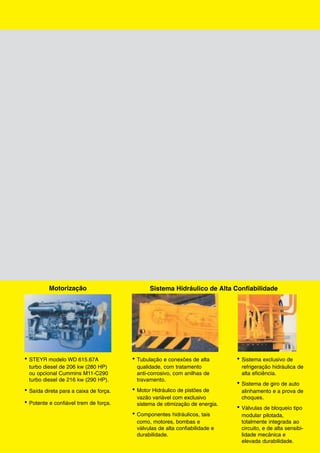 Motorização
• STEYR modelo WD 615.67A
turbo diesel de 206 kw (280 HP)
ou opcional Cummins M11-C290
turbo diesel de 216 kw (290 HP).
• Saída direta para a caixa de força.
• Potente e confiável trem de força.
• Tubulação e conexões de alta
qualidade, com tratamento
anti-corrosivo, com anilhas de
travamento.
• Motor Hidráulico de pistões de
vazão variável com exclusivo
sistema de otimização de energia.
• Componentes hidráulicos, tais
como, motores, bombas e
válvulas de alta confiabilidade e
durabilidade.
Sistema Hidráulico de Alta Confiabilidade
• Sistema exclusivo de
refrigeração hidráulica de
alta eficiência.
• Sistema de giro de auto
alinhamento e a prova de
choques.
• Válvulas de bloqueio tipo
modular pilotada,
totalmente integrada ao
circuito, e de alta sensibi-
lidade mecânica e
elevada durabilidade.
 