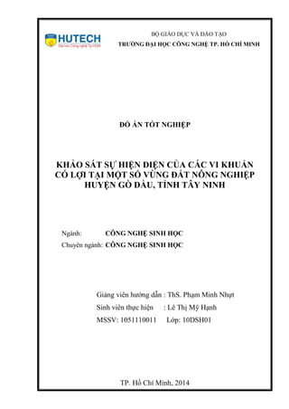 BỘ GIÁO DỤC VÀ ĐÀO TẠO
TRƯỜNG ĐẠI HỌC CÔNG NGHỆ TP. HỒ CHÍ MINH
ĐỒ ÁN TỐT NGHIỆP
KHẢO SÁT SỰ HIỆN DIỆN CỦA CÁC VI KHUẨN
CÓ LỢI TẠI MỘT SỐ VÙNG ĐẤT NÔNG NGHIỆP
HUYỆN GÒ DẦU, TỈNH TÂY NINH
Ngành: CÔNG NGHỆ SINH HỌC
Chuyên ngành: CÔNG NGHỆ SINH HỌC
Giảng viên hướng dẫn : ThS. Phạm Minh Nhựt
Sinh viên thực hiện : Lê Thị Mỹ Hạnh
MSSV: 1051110011 Lớp: 10DSH01
TP. Hồ Chí Minh, 2014
 