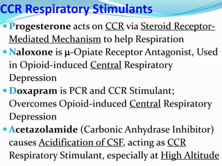 CCR Respiratory Stimulants
 Progesterone acts on CCR via Steroid Receptor-
Mediated Mechanism to help Respiration
 Naloxone is -Opiate Receptor Antagonist, Used
in Opioid-induced Central Respiratory
Depression
 Doxapram is PCR and CCR Stimulant;
Overcomes Opioid-induced Central Respiratory
Depression
 Acetazolamide (Carbonic Anhydrase Inhibitor)
causes Acidification of CSF, acting as CCR
Respiratory Stimulant, especially at High Altitude
 