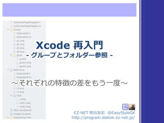 Xcode 再⼊入⾨門
-‐‑‒ グループとフォルダー参照 -‐‑‒
Xcode 再⼊入⾨門
-‐‑‒ グループとフォルダー参照 -‐‑‒
EZ-‐‑‒NET  熊⾕谷友宏 @EasyStyleGK
http://program.station.ez-‐‑‒net.jp/
〜～それぞれの特徴の差をもう⼀一度度〜～〜～それぞれの特徴の差をもう⼀一度度〜～
 