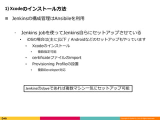 Copyright © DeNA Co.,Ltd. All Rights Reserved.
1) Xcodeのインストール方法
 Jenkinsの構成管理はAnsibileを利用
⁃ Jenkins jobを使ってJenkins自らにセットアップさせている
• iOSの場合は(主に)以下 / Androidなどのセットアップもやっています
⁃ Xcodeのインストール
• 複数指定可能
⁃ certificateファイルのimport
⁃ Provisioning Profileの設置
• 複数Developer対応
Jenkinsのslaveであれば複数マシン一気にセットアップ可能
 