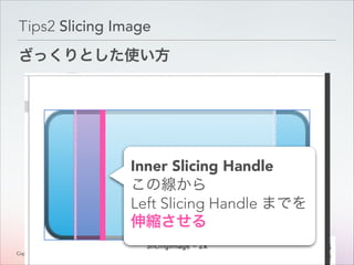 Tips2 Slicing Image
ざっくりとした使い方

Inner Slicing Handle
この線から
Left Slicing Handle までを
伸縮させる
Copyright © Classmethod, Inc.

1
!1

 