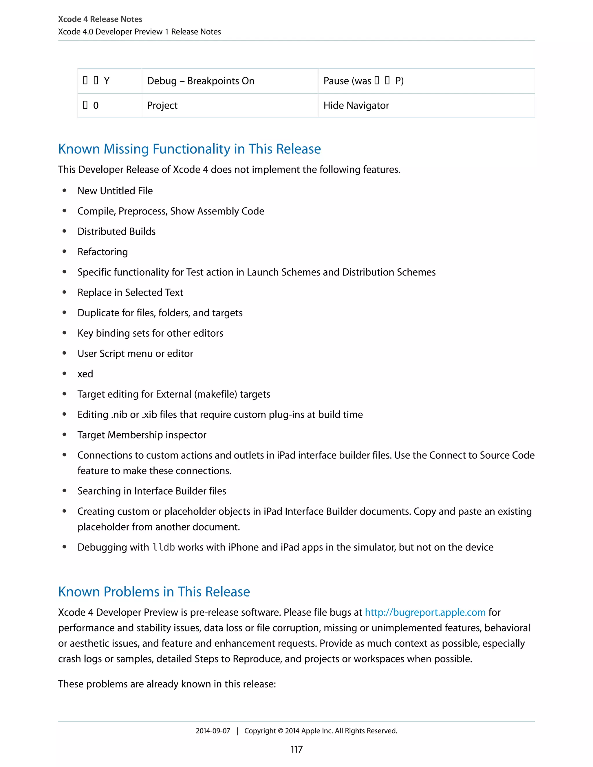 Xcode 4 Release Notes 
Xcode 4.0 Developer Preview 1 Release Notes 
Y Debug – Breakpoints On Pause (wasP) 
0 Project Hide Navigator 
Known Missing Functionality in This Release 
This Developer Release of Xcode 4 does not implement the following features. 
● New Untitled File 
● Compile, Preprocess, Show Assembly Code 
● Distributed Builds 
● Refactoring 
● Specific functionality for Test action in Launch Schemes and Distribution Schemes 
● Replace in Selected Text 
● Duplicate for files, folders, and targets 
● Key binding sets for other editors 
● User Script menu or editor 
● xed 
● Target editing for External (makefile) targets 
● Editing .nib or .xib files that require custom plug-ins at build time 
● Target Membership inspector 
● Connections to custom actions and outlets in iPad interface builder files. Use the Connect to Source Code 
feature to make these connections. 
● Searching in Interface Builder files 
● Creating custom or placeholder objects in iPad Interface Builder documents. Copy and paste an existing 
placeholder from another document. 
● Debugging with lldb works with iPhone and iPad apps in the simulator, but not on the device 
Known Problems in This Release 
Xcode 4 Developer Preview is pre-release software. Please file bugs at http://bugreport.apple.com for 
performance and stability issues, data loss or file corruption, missing or unimplemented features, behavioral 
or aesthetic issues, and feature and enhancement requests. Provide as much context as possible, especially 
crash logs or samples, detailed Steps to Reproduce, and projects or workspaces when possible. 
These problems are already known in this release: 
2014-09-07 | Copyright © 2014 Apple Inc. All Rights Reserved. 
117 
 