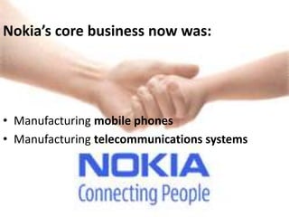 Nokia’s core business now was:




• Manufacturing mobile phones
• Manufacturing telecommunications systems
 