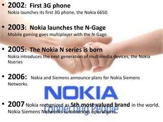 • 2002: First 3G phone
  Nokia launches its first 3G phone, the Nokia 6650.


• 2003: Nokia launches the N-Gage
  Mobile gaming goes multiplayer with the N-Gage.


• 2005: The Nokia N series is born
  Nokia introduces the next generation of multimedia devices, the Nokia
  Nseries


• 2006:       Nokia and Siemens announce plans for Nokia Siemens
  Networks.



• 2007 Nokia recognized as 5th most valued brand in the world.
  Nokia Siemens Networks commences operations.
 