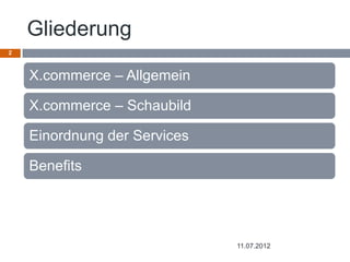 Gliederung
2



    X.commerce – Allgemein

    X.commerce – Schaubild

    Einordnung der Services

    Benefits




                              11.07.2012
 