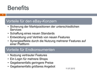 Benefits
8



    Vorteile für den eBay-Konzern
    • Sicherung der Marktpositionen der unterschiedlichen
      Services
    • Schaffung eines neuen Standards
    • Entwicklung und Vertrieb von neuen Features
    • Synergieeffekte durch die Nutzung mehrerer Features auf
      einer Plattform
    Vorteile für Endkonsumenten
    •   Nutzung vertrauter Features
    •   Ein Login für mehrere Shops
    •   Gegebenenfalls geringere Preise
    •   Gegebenenfalls größeres Angebot
                                              11.07.2012
 