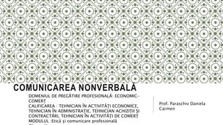 COMUNICAREA NONVERBALĂ
Prof. Paraschiv Daniela
Carmen
DOMENIUL DE PREGĂTIRE PROFESIONALĂ: ECONOMIC-
COMERȚ
CALIFICAREA : TEHNICIAN ÎN ACTIVITĂȚI ECONOMICE,
TEHNICIAN ÎN ADMINISTRAȚIE, TEHNICIAN ACHIZIȚII ȘI
CONTRACTĂRI, TEHNICIAN ÎN ACTIVITĂȚI DE COMERȚ
MODULUL :Etică și comunicare profesională
 