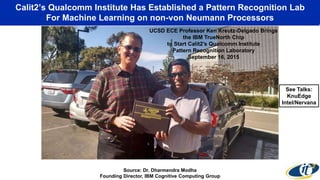 Calit2’s Qualcomm Institute Has Established a Pattern Recognition Lab
For Machine Learning on non-von Neumann Processors
“On the drawing board are collections of 64, 256, 1024, and 4096 chips.
‘It’s only limited by money, not imagination,’ Modha says.”
Source: Dr. Dharmendra Modha
Founding Director, IBM Cognitive Computing Group
August 8, 2014
UCSD ECE Professor Ken Kreutz-Delgado Brings
the IBM TrueNorth Chip
to Start Calit2’s Qualcomm Institute
Pattern Recognition Laboratory
September 16, 2015
See Talks:
KnuEdge
Intel/Nervana
 