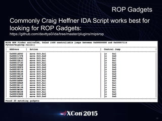 28
ROP Gadgets
Commonly Craig Heffner IDA Script works best for
looking for ROP Gadgets:
https://github.com/devttys0/ida/tree/master/plugins/mipsrop
Example:
 