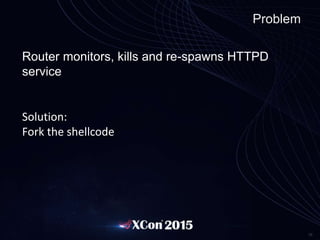 35
Problem
Router monitors, kills and re-spawns HTTPD
service
Solution:
Fork the shellcode
 