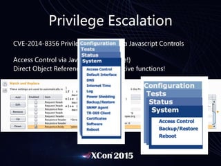 Privilege Escalation
CVE-2014-8356 Privilege Escalation via Javascript Controls
Access Control via Javascript! (Horrible!)
Direct Object Reference to administrative functions!
 