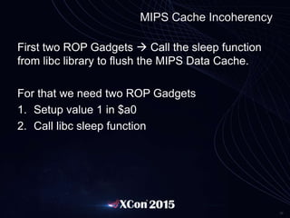 26
MIPS Cache Incoherency
First two ROP Gadgets  Call the sleep function
from libc library to flush the MIPS Data Cache.
...