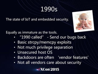 1990s
The state of IoT and embedded security.
Equally as immature as the tools.
• “1990 called” - Send our bugs back
• Basic strcpy/memcpy exploits
• Not much privilege separation
• Unsecured host OS
• Backdoors are often ‘vendor features’
• Not all vendors care about security
 
