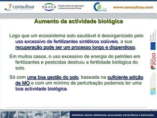Aumento da actividade biológica
Logo que um ecossistema solo saudável é desorganizado pelo
uso excessivo de fertilizantes sintéticos solúveis, a sua
recuperação pode ser um processo longo e dispendioso.
Em muitos casos, o uso excessivo de energia do petróleo em
fertilizantes e pesticidas destruiu a fertilidade biológica do
solo.
Só com uma boa gestão do solo, baseada na suficiente adição
de MO e com um mínimo de perturbação podemos ter uma
boa actividade biológica.
 