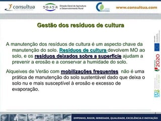 Gestão dos resíduos de cultura
A manutenção dos resíduos de cultura é um aspecto chave da
manutenção do solo. Resíduos de cultura devolvem MO ao
solo, e os resíduos deixados sobre a superfície ajudam a
prevenir a erosão e a conservar a humidade do solo.
Alqueives de Verão com mobilizações frequentes não é uma
prática de manutenção do solo sustentável dado que deixa o
solo nu e mais susceptível à erosão e excesso de
evaporação.
 