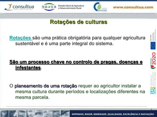 Rotações de culturas
Rotações são uma prática obrigatória para qualquer agricultura
sustentável e é uma parte integral do sistema.
São um processo chave no controlo de pragas, doenças e
infestantes.
O planeamento de uma rotação requer ao agricultor instalar a
mesma cultura durante períodos e localizações diferentes na
mesma parcela.
 