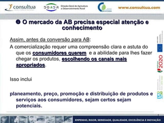  O mercado da AB precisa especial atenção e
conhecimento
Assim, antes da conversão para AB:
A comercialização requer uma compreensão clara e astuta do
que os consumidores querem e a abilidade para lhes fazer
chegar os produtos, escolhendo os canais mais
apropriados.
Isso inclui
planeamento, preço, promoção e distribuição de produtos e
serviços aos consumidores, sejam certos sejam
potenciais.
 