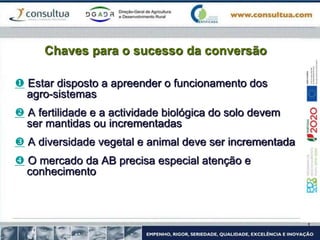 Chaves para o sucesso da conversão
 Estar disposto a apreender o funcionamento dos
agro-sistemas
 A fertilidade e a actividade biológica do solo devem
ser mantidas ou incrementadas
 A diversidade vegetal e animal deve ser incrementada
 O mercado da AB precisa especial atenção e
conhecimento
 