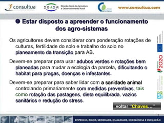  Estar disposto a apreender o funcionamento
dos agro-sistemas
Os agricultores devem considerar com ponderação rotações de
culturas, fertilidade do solo e trabalho do solo no
planeamento da transição para AB.
Devem-se preparar para usar adubos verdes e rotações bem
planeadas para mudar a ecologia da parcela, dificultando o
habitat para pragas, doenças e infestantes.
Devem-se preparar para saber lidar com a sanidade animal
controlando primariamente com medidas preventivas, tais
como rotação das pastagens, dieta equilibrada, vazios
sanitários e redução do stress.
voltar “Chaves…”
 