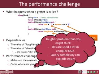 Xcore
 Xcore
o Extended textual syntax for
Ecore-based
metamodeling, built on Xtext
o Fully fledged programming
language
o To specify structure +
behavior
(operations, datatype
conversion logic)
o http://wiki.eclipse.org/Xcore

Xbase
• Xtext-based programming
language
• Compiles to Java
• Java type system
• Supports advanced constructs
(closures, type inference,
operator overloading, …)
• http://wiki.eclipse.org/Xbase

 