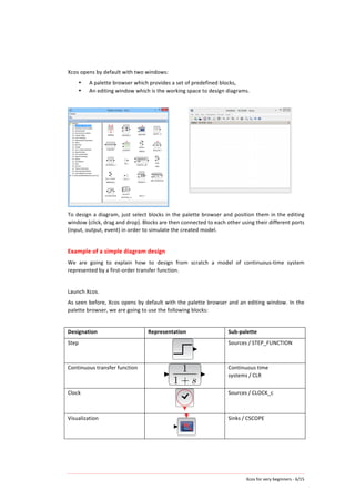 Xcos	
  for	
  very	
  beginners	
  -­‐	
  6/15	
  
Xcos	
  opens	
  by	
  default	
  with	
  two	
  windows:	
  
• A	
  palette	
  browser	
  which	
  provides	
  a	
  set	
  of	
  predefined	
  blocks,	
  
• An	
  editing	
  window	
  which	
  is	
  the	
  working	
  space	
  to	
  design	
  diagrams.	
  
	
  
To	
  design	
  a	
  diagram,	
  just	
  select	
  blocks	
  in	
  the	
  palette	
  browser	
  and	
  position	
  them	
  in	
  the	
  editing	
  
window	
  (click,	
  drag	
  and	
  drop).	
  Blocks	
  are	
  then	
  connected	
  to	
  each	
  other	
  using	
  their	
  different	
  ports	
  
(input,	
  output,	
  event)	
  in	
  order	
  to	
  simulate	
  the	
  created	
  model.	
  
	
  
Example	
  of	
  a	
  simple	
  diagram	
  design	
  
We	
   are	
   going	
   to	
   explain	
   how	
   to	
   design	
   from	
   scratch	
   a	
   model	
   of	
   continuous-­‐time	
   system	
  
represented	
  by	
  a	
  first-­‐order	
  transfer	
  function.	
  
	
  
Launch	
  Xcos.	
  	
  
As	
  seen	
  before,	
  Xcos	
  opens	
  by	
  default	
  with	
  the	
  palette	
  browser	
  and	
  an	
  editing	
  window.	
  In	
  the	
  
palette	
  browser,	
  we	
  are	
  going	
  to	
  use	
  the	
  following	
  blocks:	
  
	
  
Designation	
   Representation	
   Sub-­‐palette	
  
Step	
  
	
  
Sources / STEP_FUNCTION	
  
Continuous	
  transfer	
  function	
  
	
  
Continuous	
  time	
  
systems / CLR	
  
Clock	
  
	
  
Sources / CLOCK_c	
  
Visualization	
  
	
  
Sinks / CSCOPE	
  
	
  
	
   	
  
 