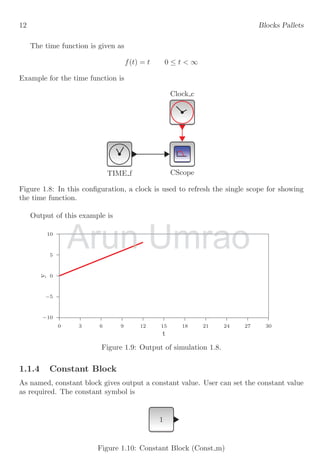 12 Blocks Pallets
The time function is given as
f(t) = t 0 ≤ t < ∞
Example for the time function is
Clock c
CScope
TIME f
Figure 1.8: In this configuration, a clock is used to refresh the single scope for showing
the time function.
Output of this example is
−10
−5
0
5
10
0 3 6 9 12 15 18 21 24 27 30
y
t
Figure 1.9: Output of simulation 1.8.
1.1.4 Constant Block
As named, constant block gives output a constant value. User can set the constant value
as required. The constant symbol is
1
Figure 1.10: Constant Block (Const m)
Arun
Arun
Arun Umrao
Umrao
 