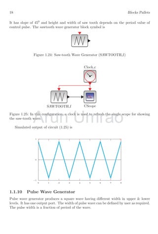 18 Blocks Pallets
It has slope of 450
and height and width of saw tooth depends on the period value of
control pulse. The sawtooth wave generator block symbol is
Figure 1.24: Saw-tooth Wave Generator (SAWTOOTH f)
Clock c
CScope
SAWTOOTH f
Figure 1.25: In this configuration, a clock is used to refresh the single scope for showing
the saw-tooth wave.
Simulated output of circuit (1.25) is
−1
0
1
0 1 2 3 4 5 6 7 8
1.1.10 Pulse Wave Generator
Pulse wave generator produces a square wave having different width in upper  lower
levels. It has one output port. The width of pulse wave can be defined by user as required.
The pulse width is a fraction of period of the wave.
Arun
Figure 1.25: In this configuration, a clock is used to refresh the single
Figure 1.25: In this configuration, a clock is used to refresh the single
the saw-tooth wave.
the saw-tooth wave.
Umrao
Figure 1.25: In this configuration, a clock is used to refresh the single
Figure 1.25: In this configuration, a clock is used to refresh the single scope for showing
scope for showing
 